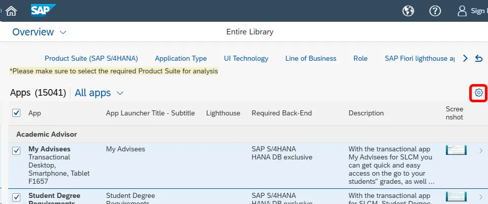 SAP Fiori Apps LibraryよりColumn display settingsの選択