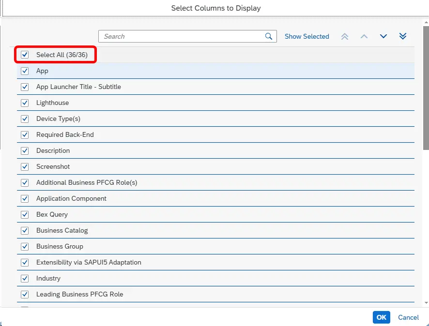 SAP Fiori Apps LibraryよりSelect Columns to Displayで「Select All」