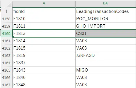 Excel上でFioriアプリとトランザクションコードを比較する