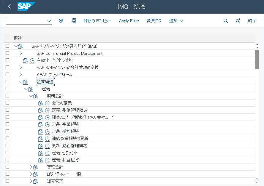 SAPシステムのIMG照会画面