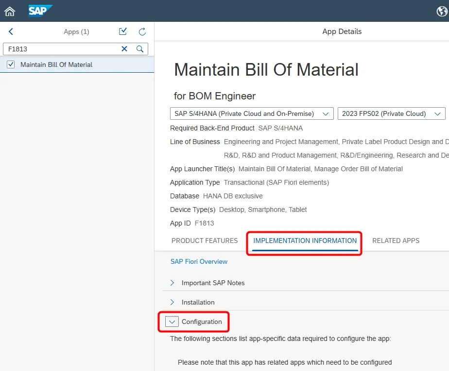 SAP Fiori Apps Reference Library よりIMPLEMANTATION INFORMATION, Configurationに移動