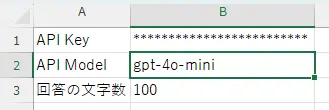 OpenAI APIを利用するためのExcelワークシート「Parrameter」の設定
