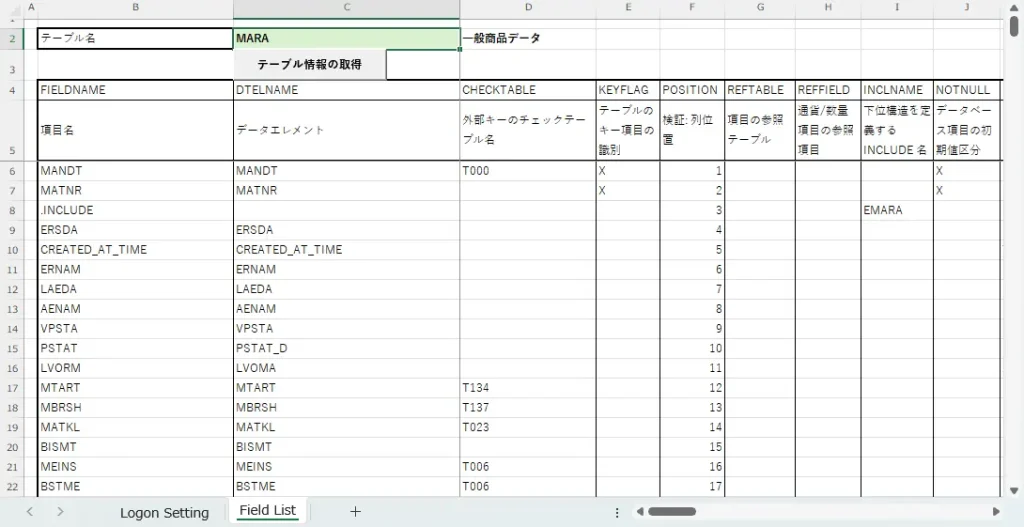 RPY_TABLE_READでテーブルの項目の情報を取得しExcelに表示した例