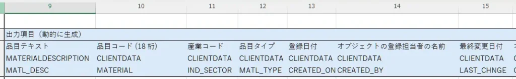 Excelワークシートの出力項目(動的に生成表示)
