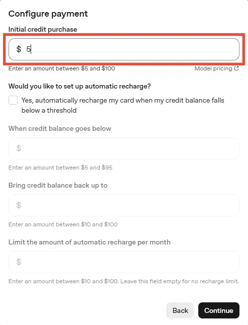 Configure payment: Initial credit purchase