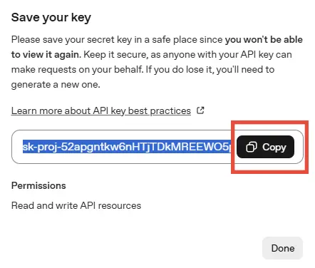 Save your key and copy