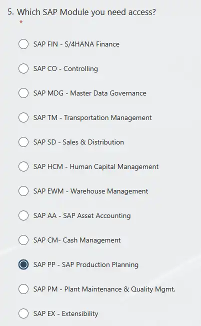 Professor's RSAの申し込みフォームよりSAPモジュールの選択