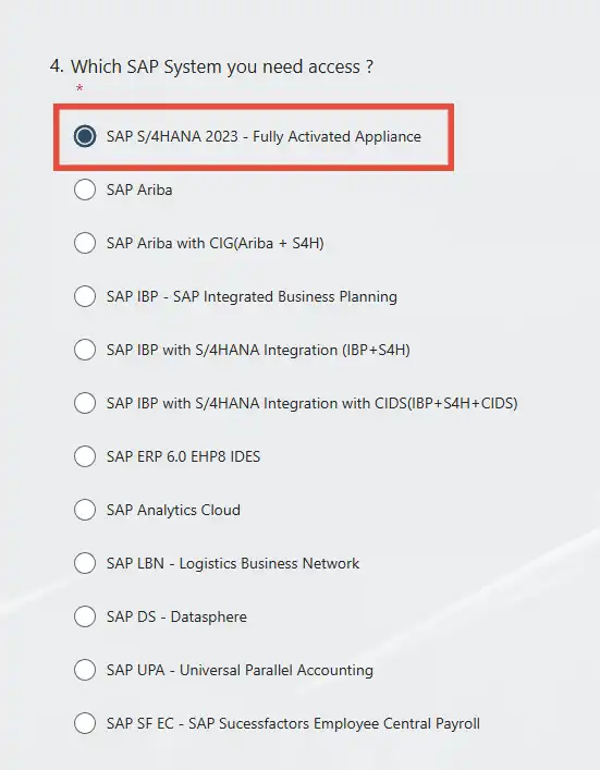 Professor's RSAの申し込みフォームよりSAP製品の選択