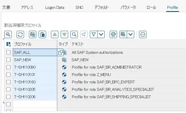 SAP権限プロファイルの確認